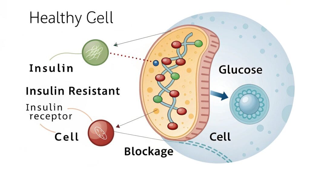 Diagram explaining insulin resistance, showing a blockage preventing glucose from entering the cell, contrasted with healthy insulin function.
reverse type 2 diabetes